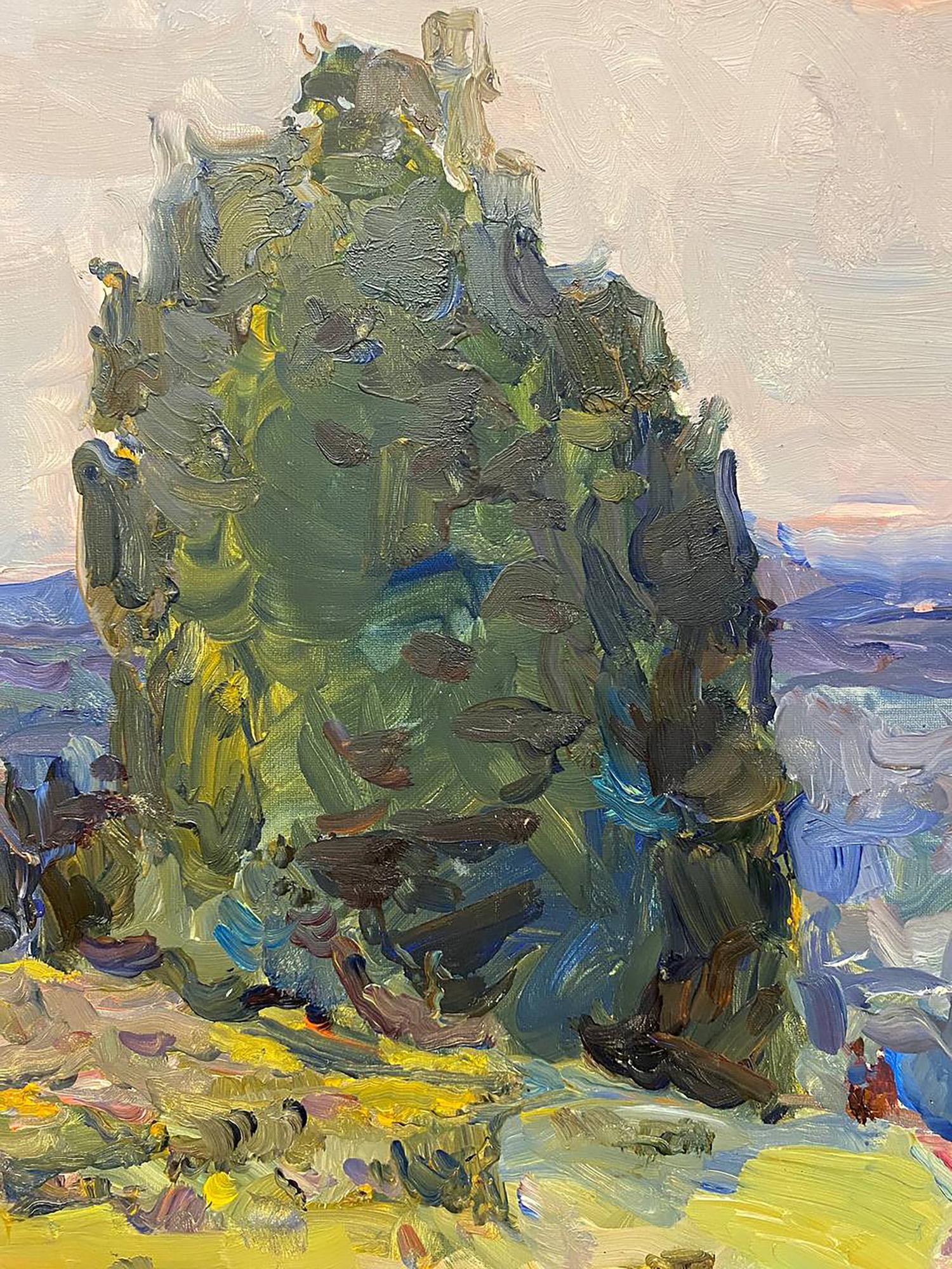 Oil painting On a hill by Chernov Leonid Ivanovich textured green blue rock formation