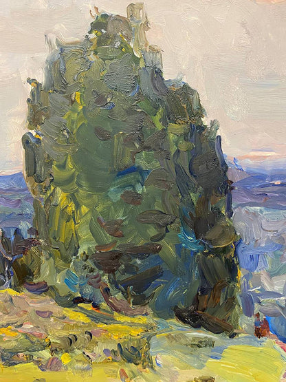 Oil painting On a hill by Chernov Leonid Ivanovich textured green blue rock formation