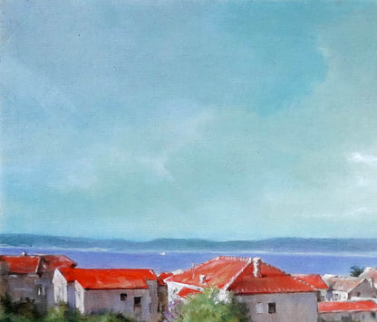 Oil painting of sunny coastal village by Korkishko Vasily