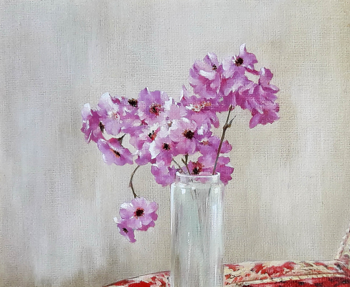 Oil painting of Sakura blossoms by Korkishko Vasily in clear glass vase