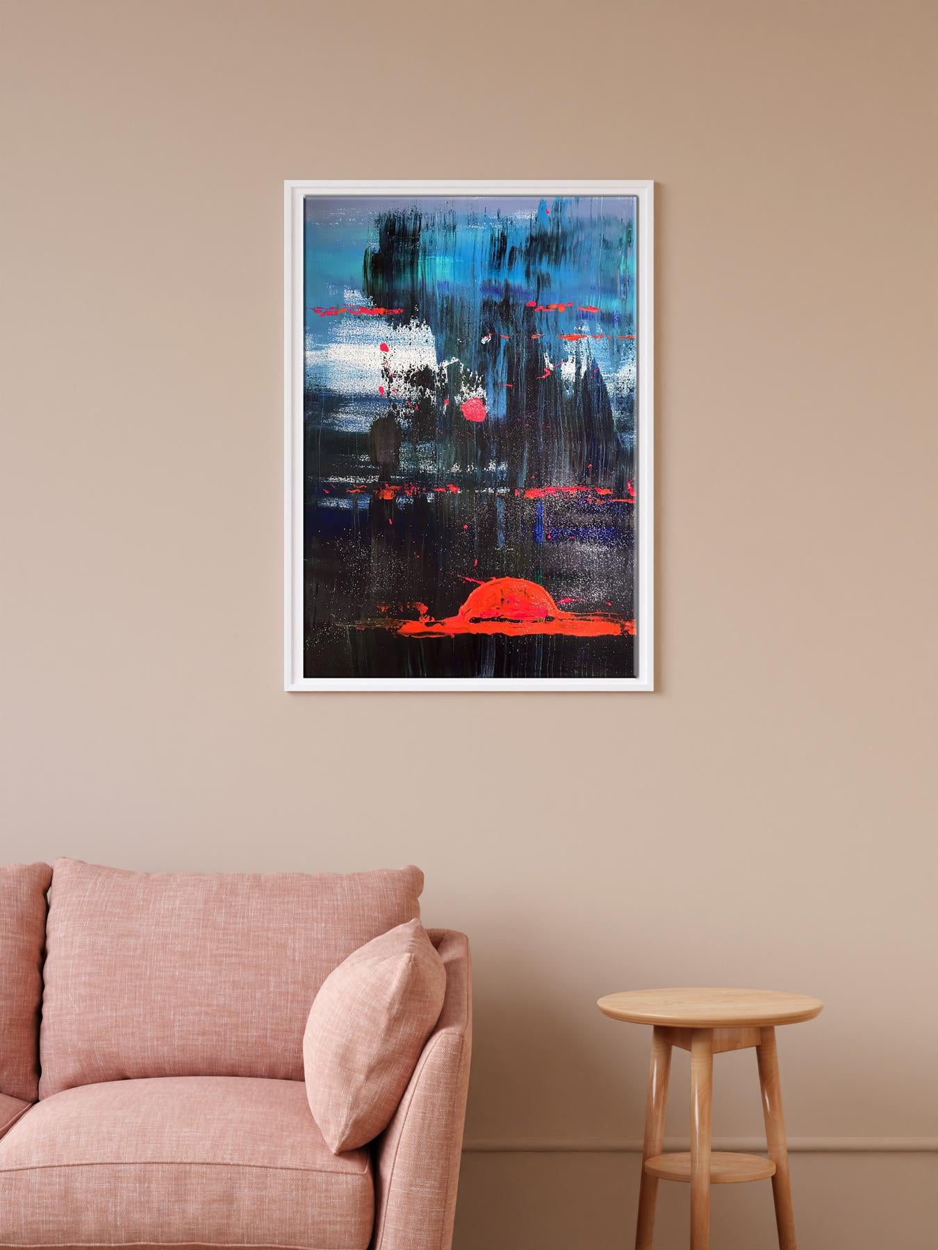 Framed acrylic painting Magic Night by Melezhik Olga with bold blue black red strokes