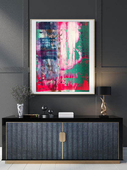 Acrylic Northern Lights painting by Melezhik Olga, vibrant pink green purple streaks