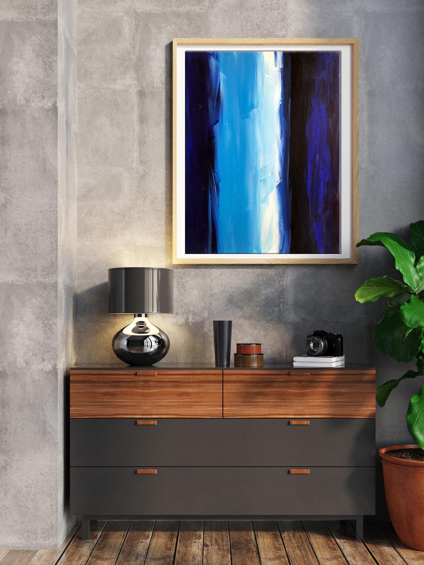 Framed Waterfall abstract painting with bold blue and black strokes
