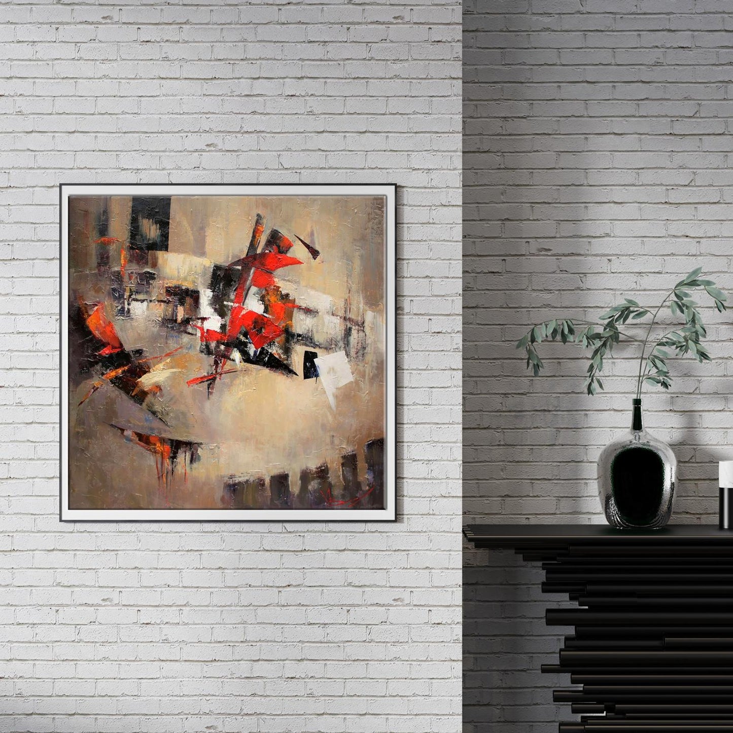 Oil painting New Arena by Valentina Alekseevna Kozyar, bold red black beige strokes in white frame