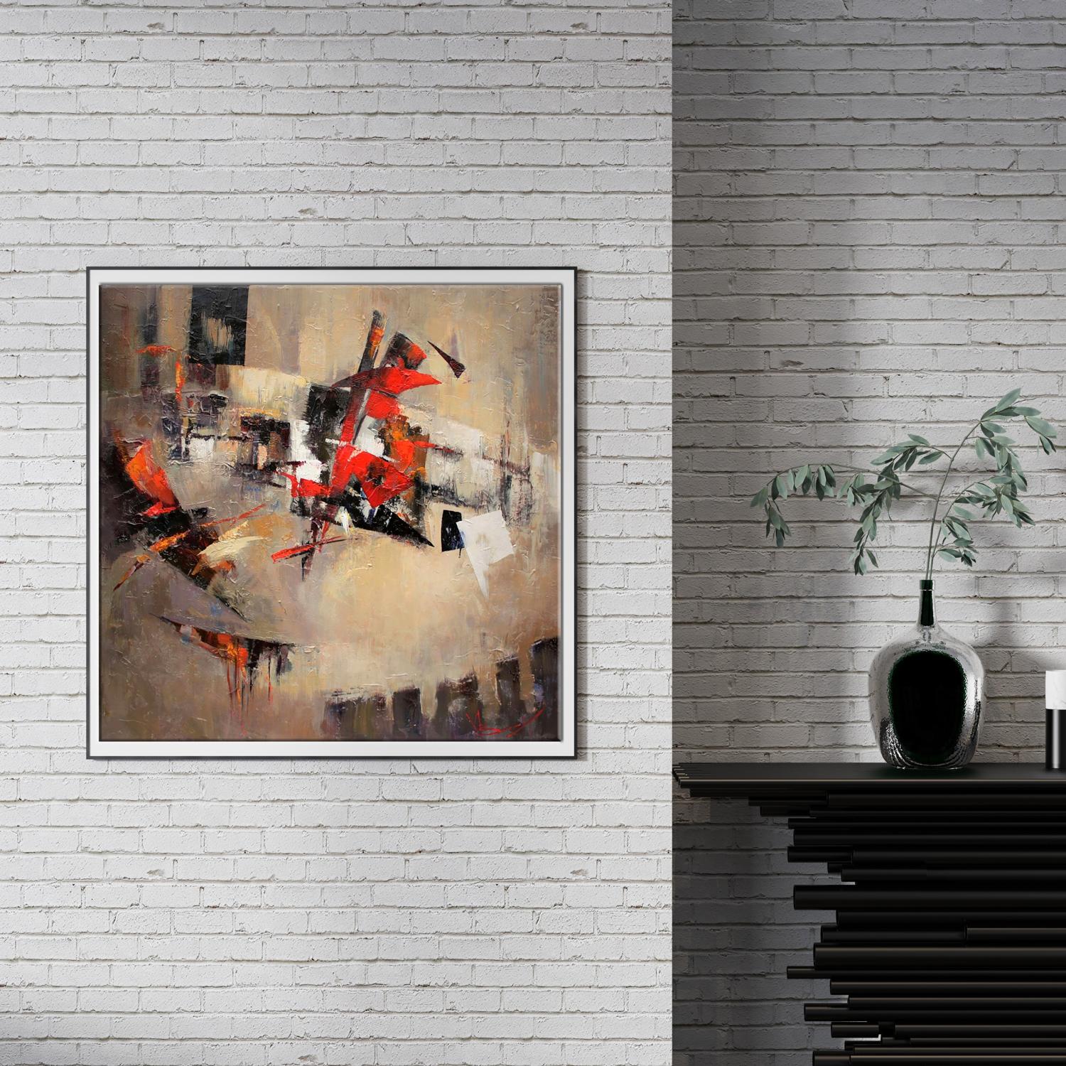 Oil painting New Arena by Valentina Alekseevna Kozyar, bold red black beige strokes in white frame