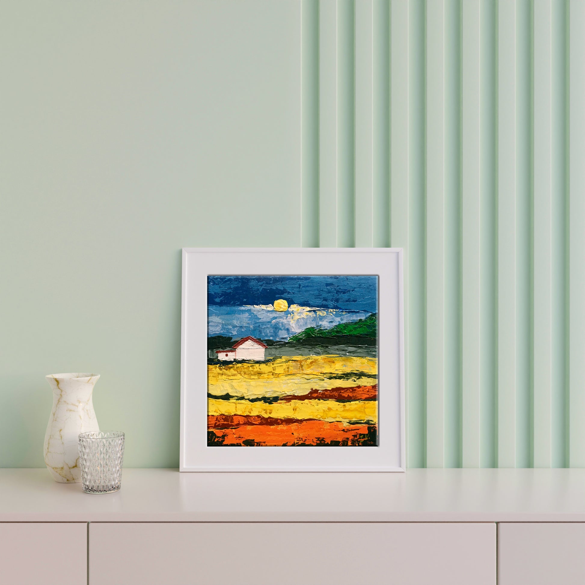 White-framed Oil painting House by the coast Zadorozhnya V. V. abstract landscape