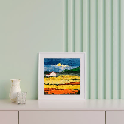 White-framed Oil painting House by the coast Zadorozhnya V. V. abstract landscape