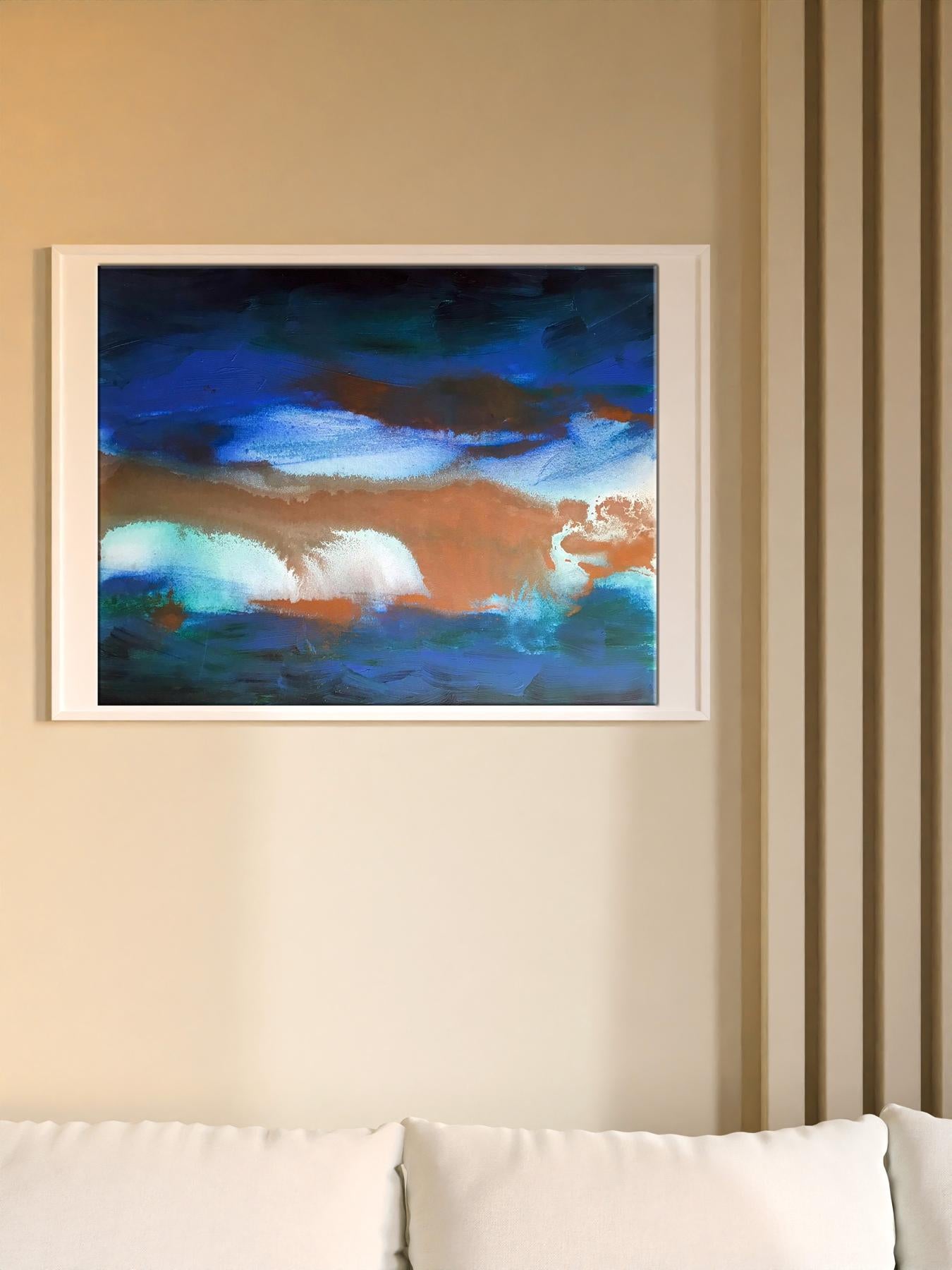 Framed Acrylic Galaxy painting by Melezhik Olga with blue orange white strokes