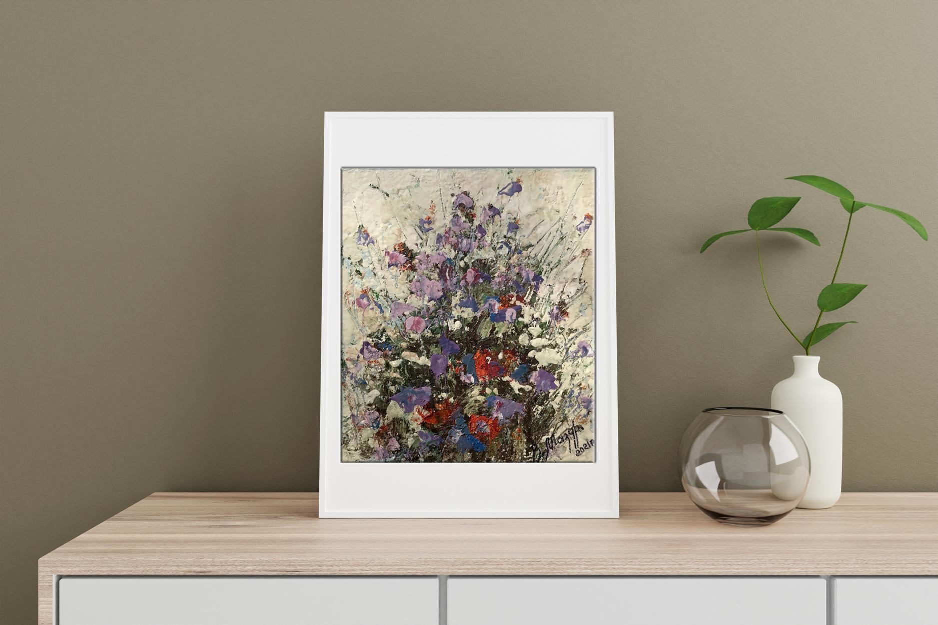 Framed Oil Painting Flowers Mazur Vladimir with purple red white blossoms