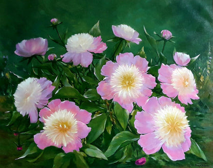 Vibrant impressionistic oil painting of pink peonies by Korkishko Vasily