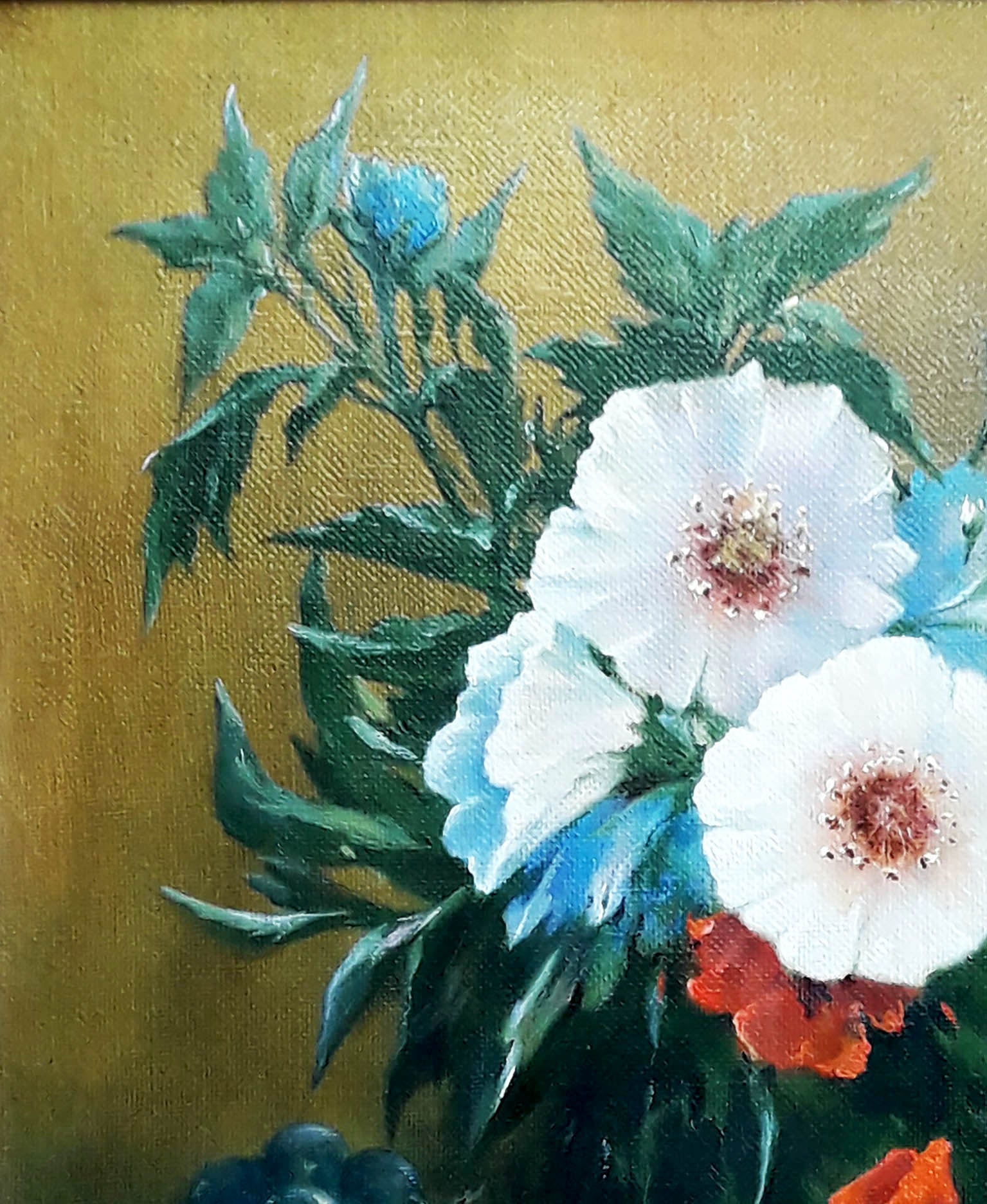 Oil painting by Vasily Korkishko: white blue flowers green leaves gold background