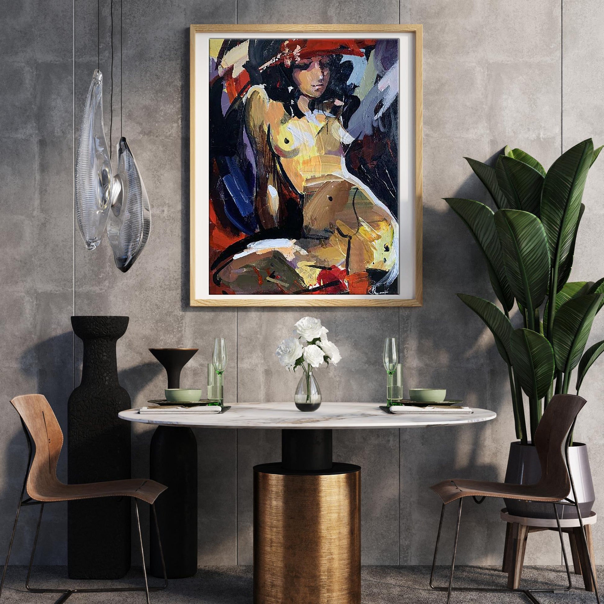 Framed Oil painting Solar by Kozyar Yuri with nude figure in bold yellow red blue strokes