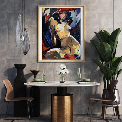 Framed Oil painting Solar by Kozyar Yuri with nude figure in bold yellow red blue strokes