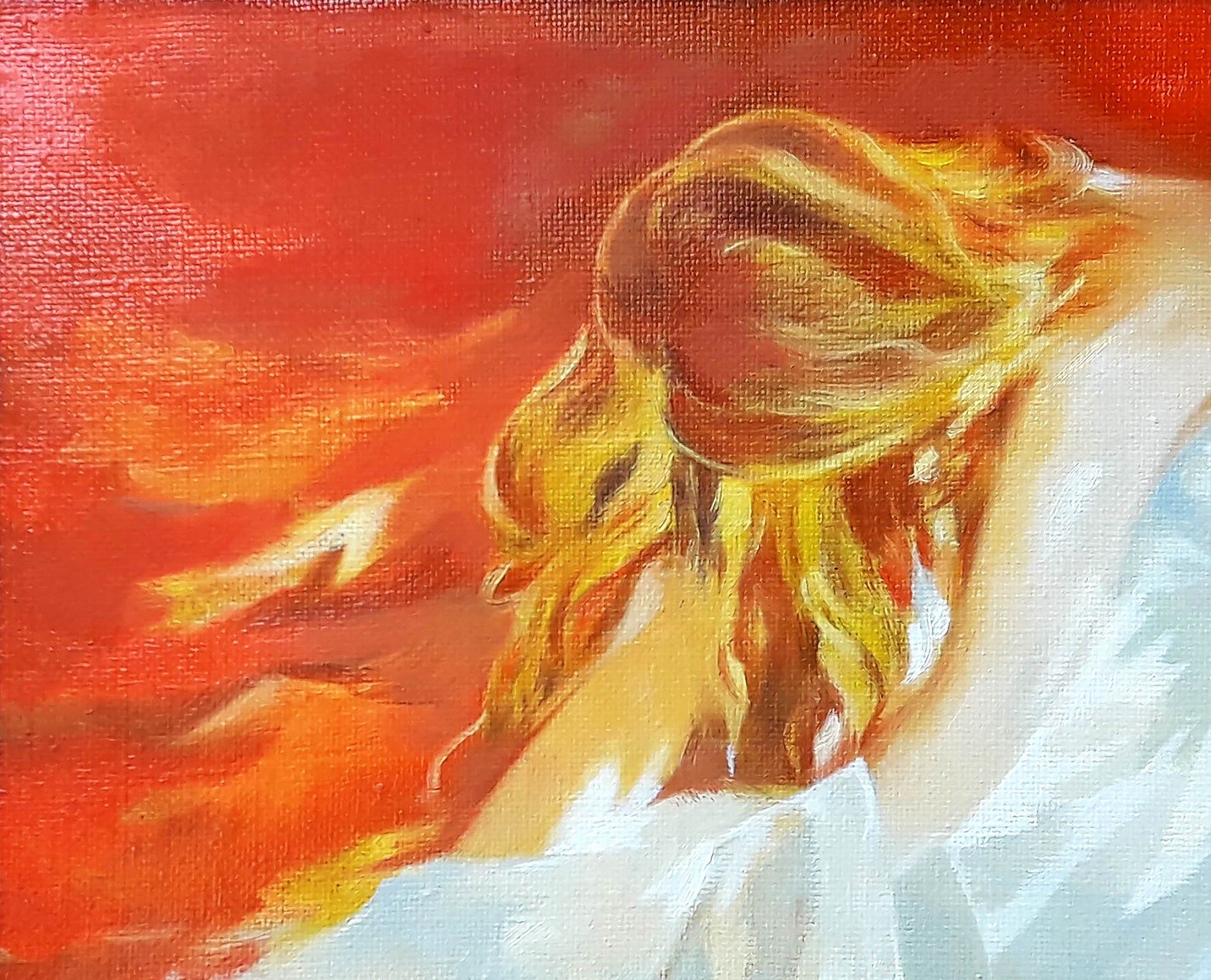 Vibrant oil painting by Vasily Korkishko: girl in towel with golden hair on fiery background