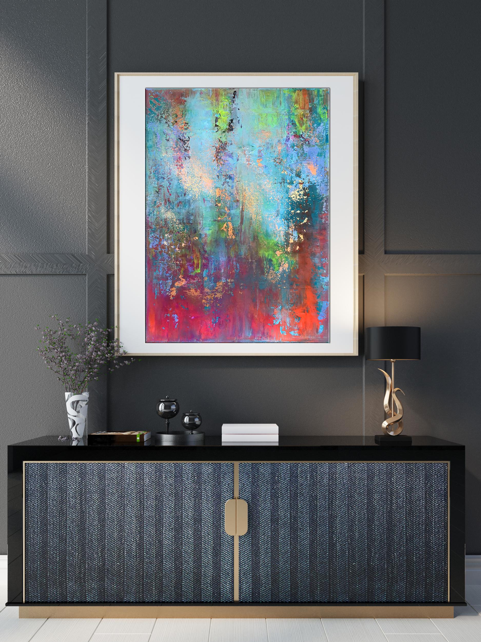 Vibrant Blooming Field acrylic painting by Melezhik Olga in white frame on gray wall