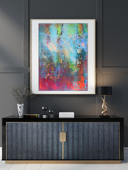 Vibrant Blooming Field acrylic painting by Melezhik Olga in white frame on gray wall