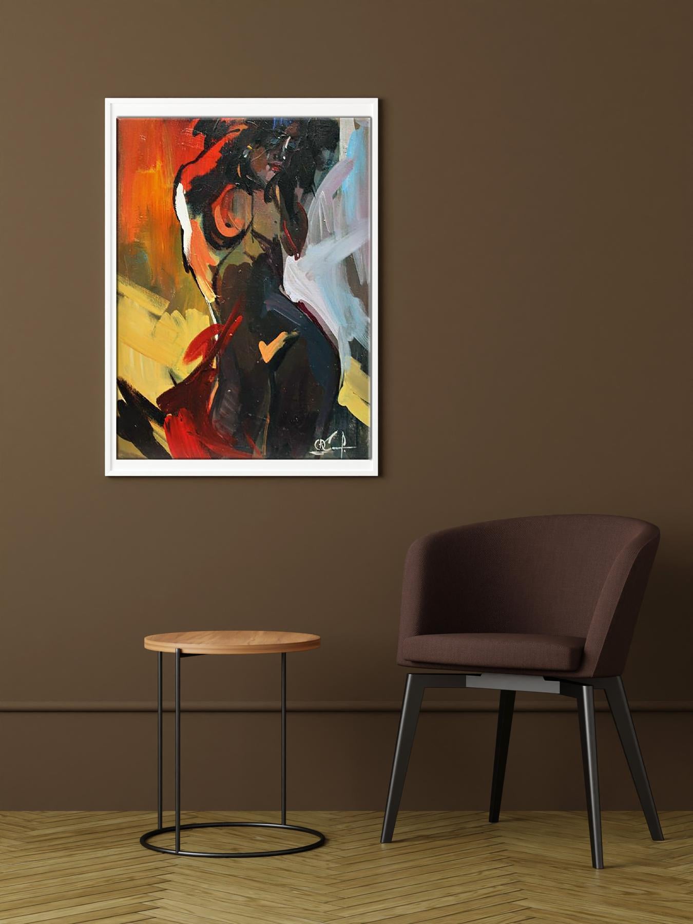 Framed Oil painting In the warm rays by Kozyar Yuri with bold orange red strokes