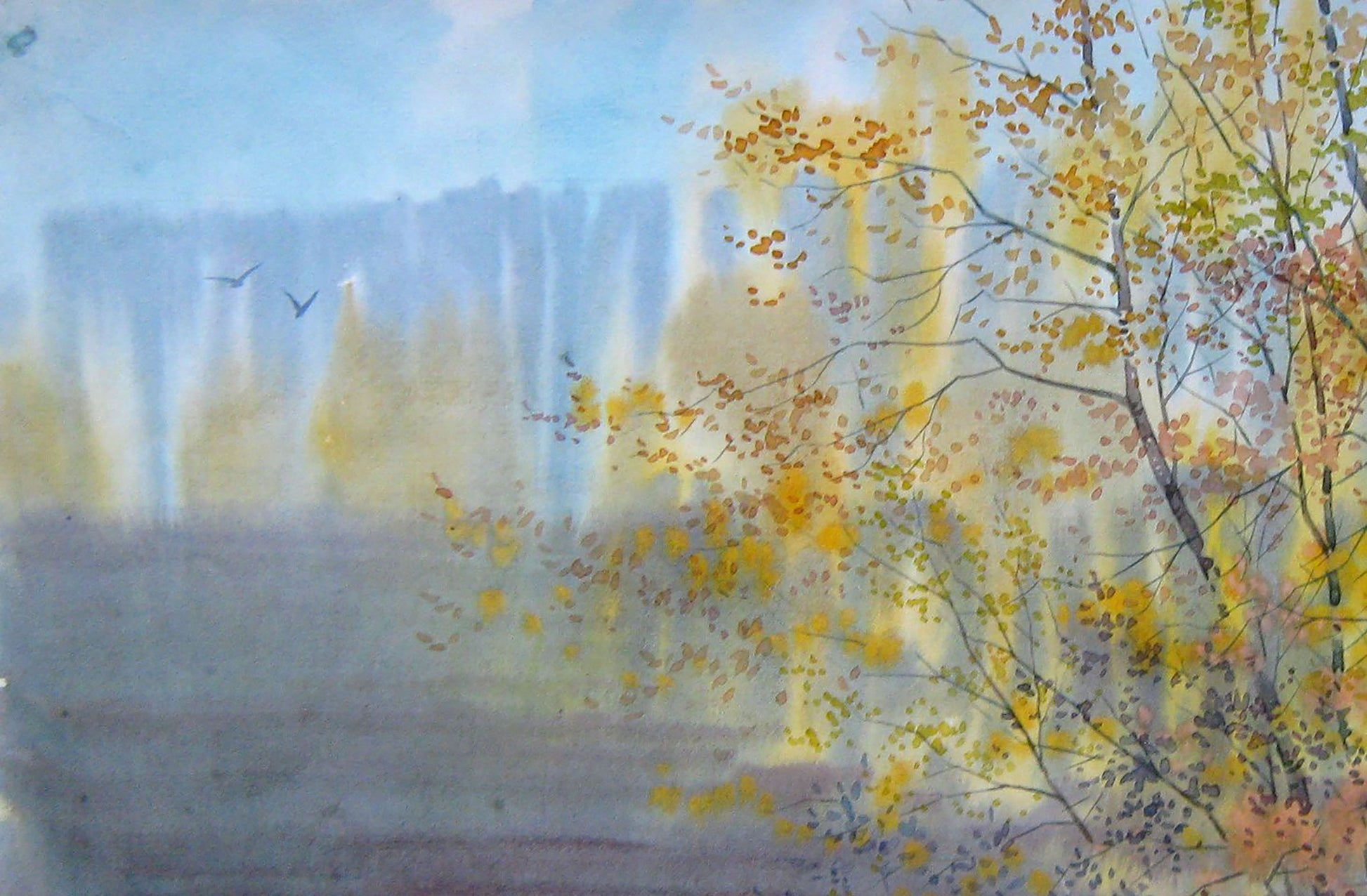 Watercolor painting October Nature Landscape Savenets Valery