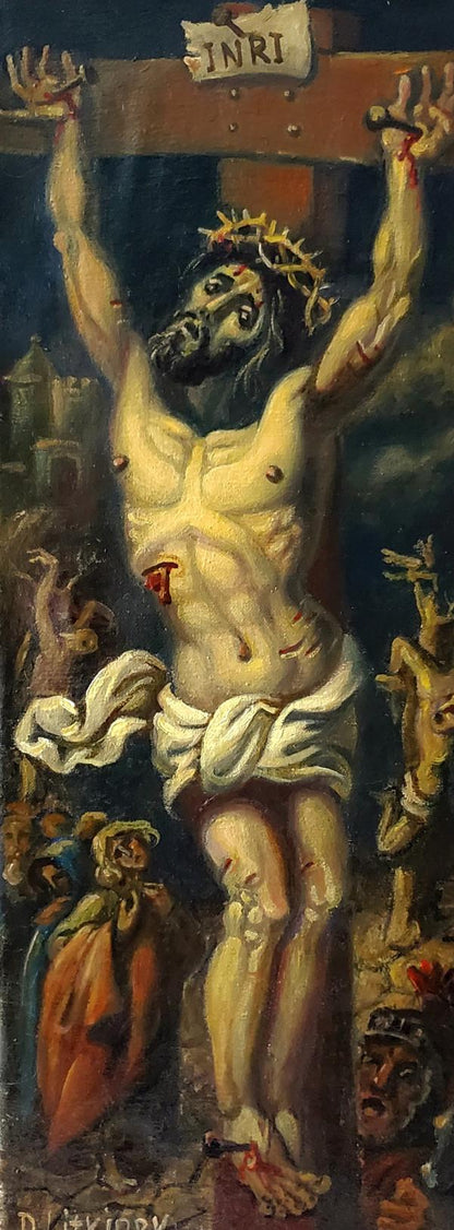 Oil painting Crucifixion and faith by Daniil Litvinov, dark expressive crucified figure