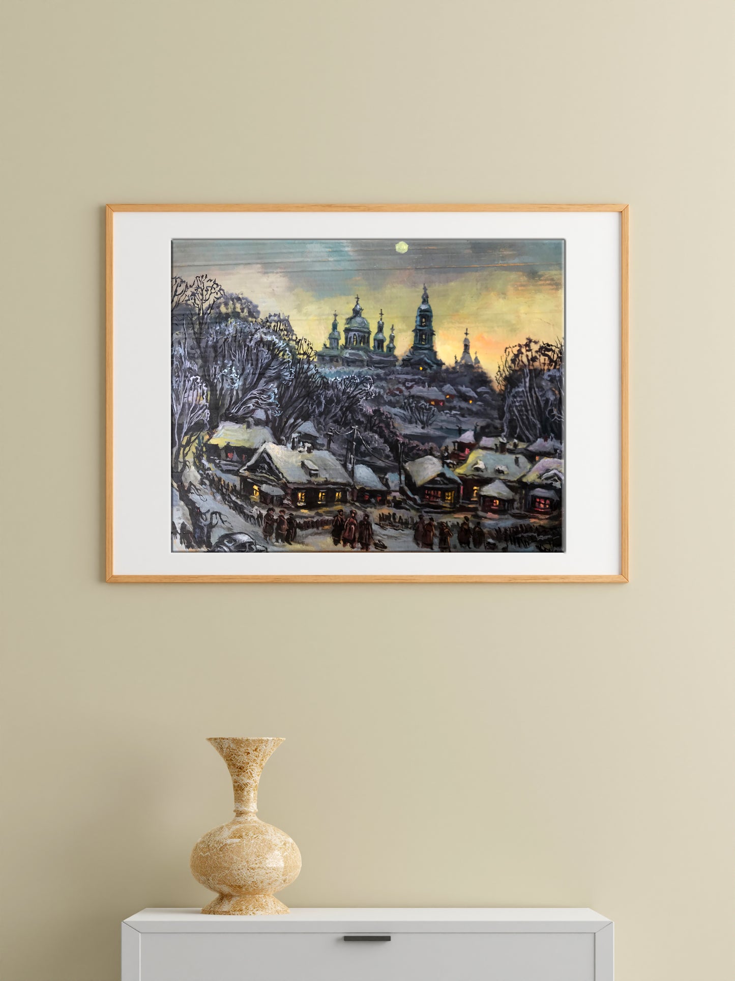 Framed Alexander Litvinov winter village oil painting with snow rooftops