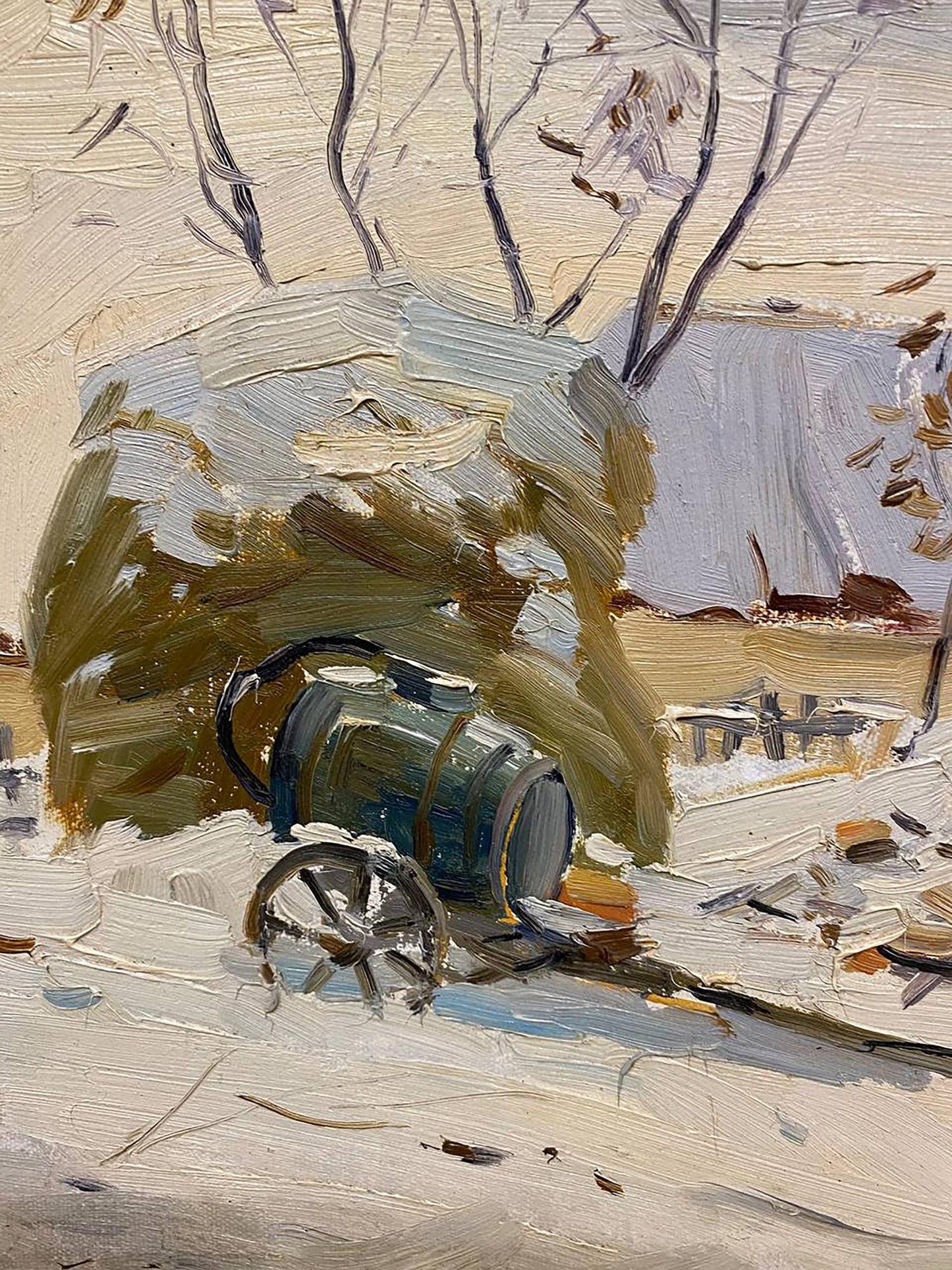 Oil painting of dark green wooden barrel on snow, early winter scene