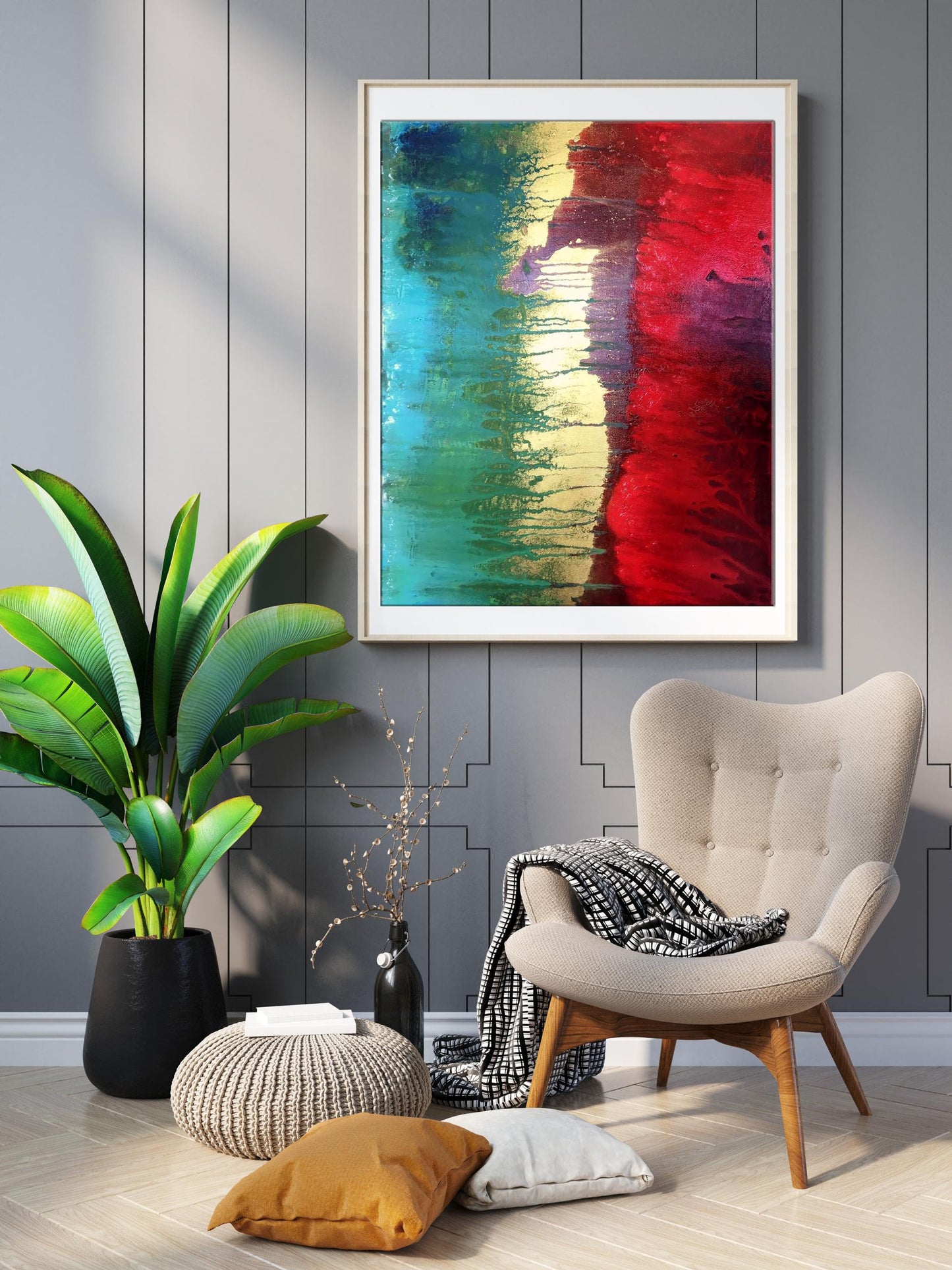 Vibrant abstract acrylic painting Excitation by Melezhik Olga in white frame