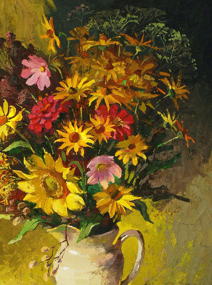 Oil painting of vibrant sunflowers, daisies and pink blossoms in cream pitcher by Egor Shvachunov
