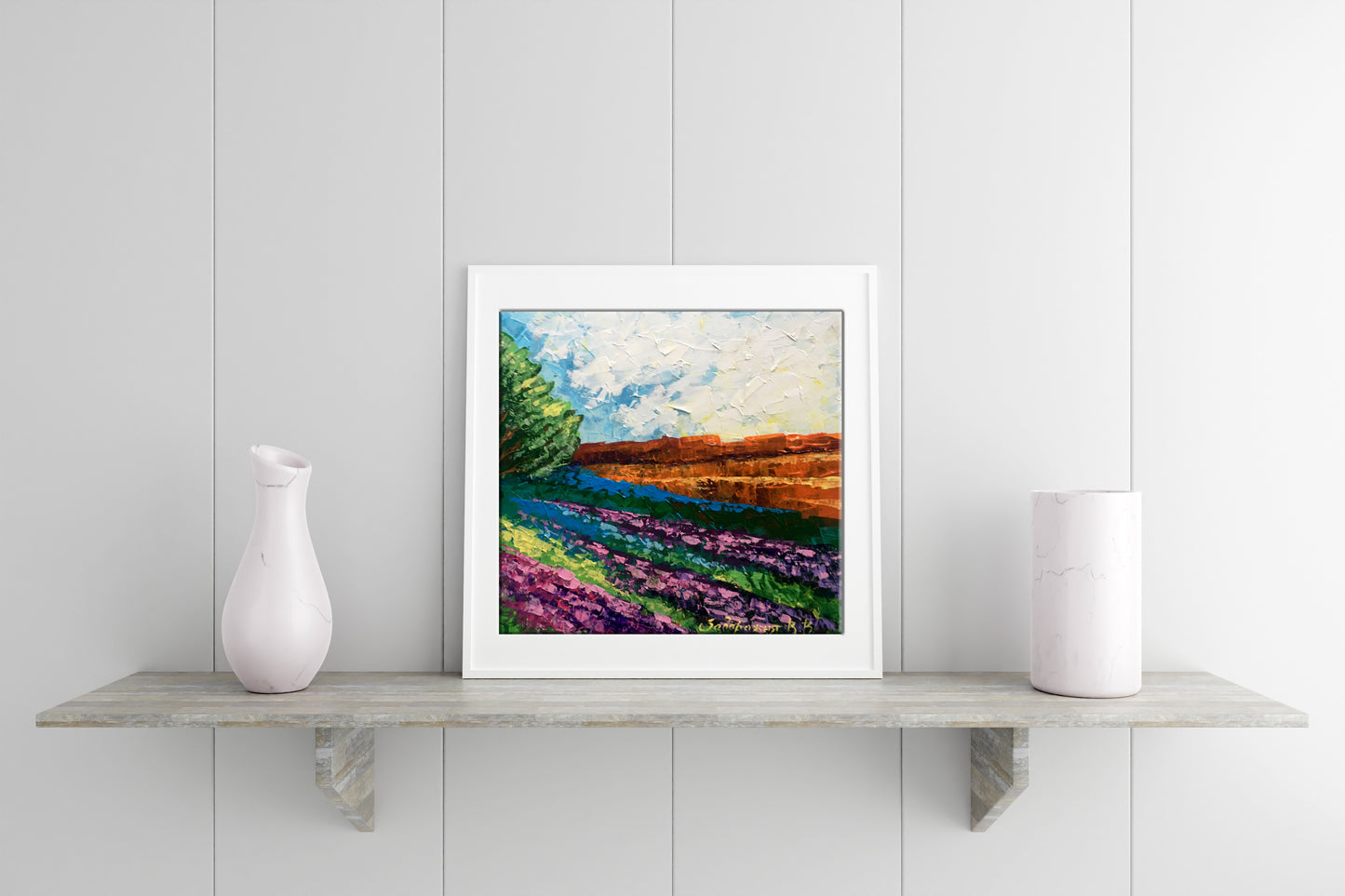Oil painting Hot day Zadorozhnya V.V. vibrant lavender field in white frame