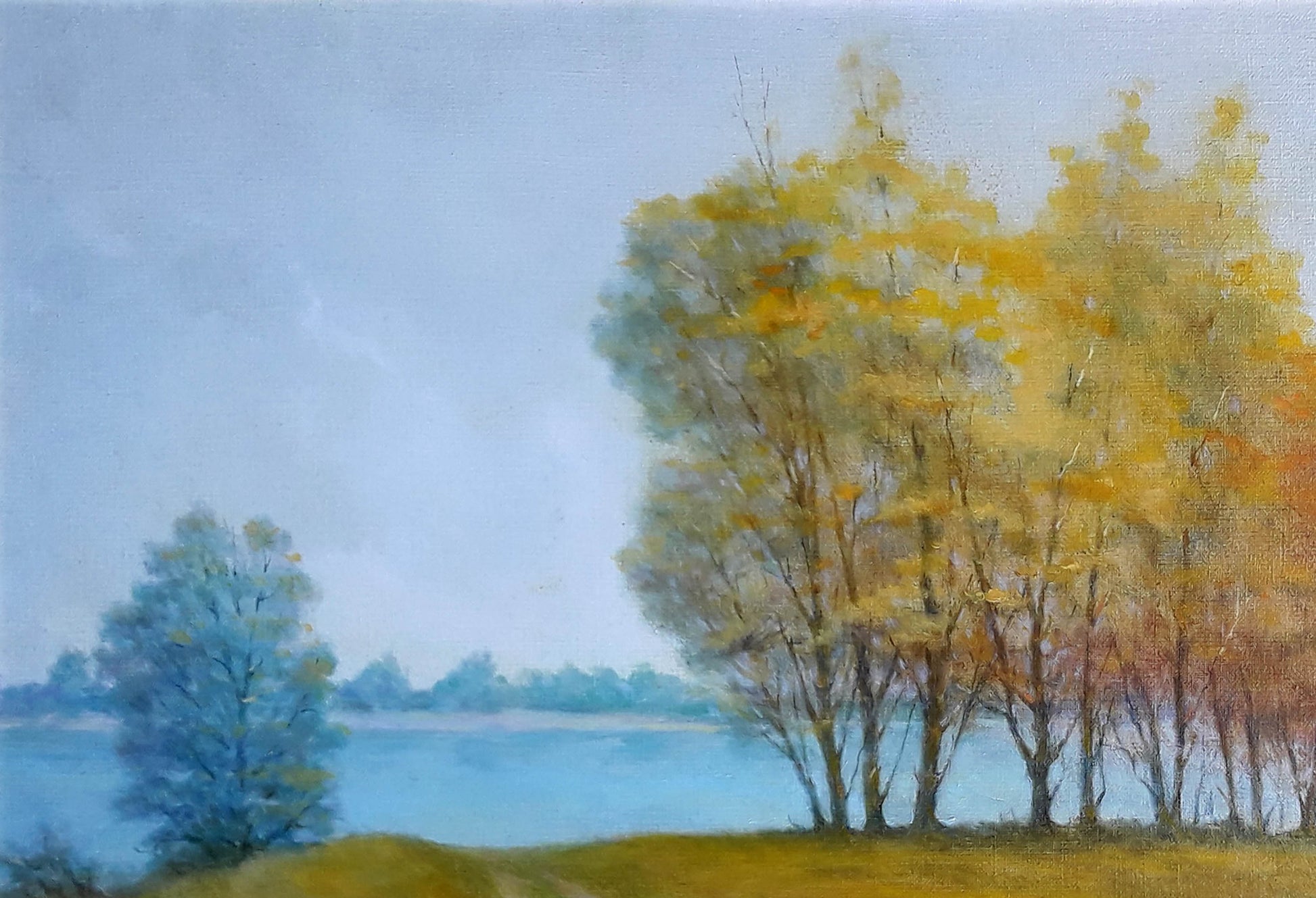 Serene Autumn Korkishko Vasily oil painting of tranquil lakeside scene