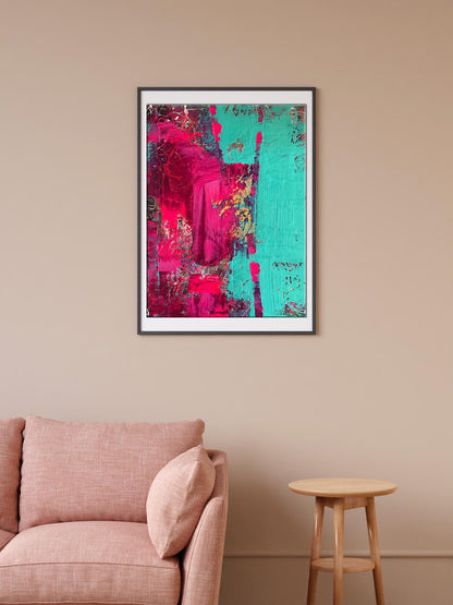 Vibrant Insolent Venus acrylic painting by Melezhik Olga, pink teal strokes in black frame