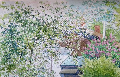 Watercolor painting countryside, rural yard Savenets Valery