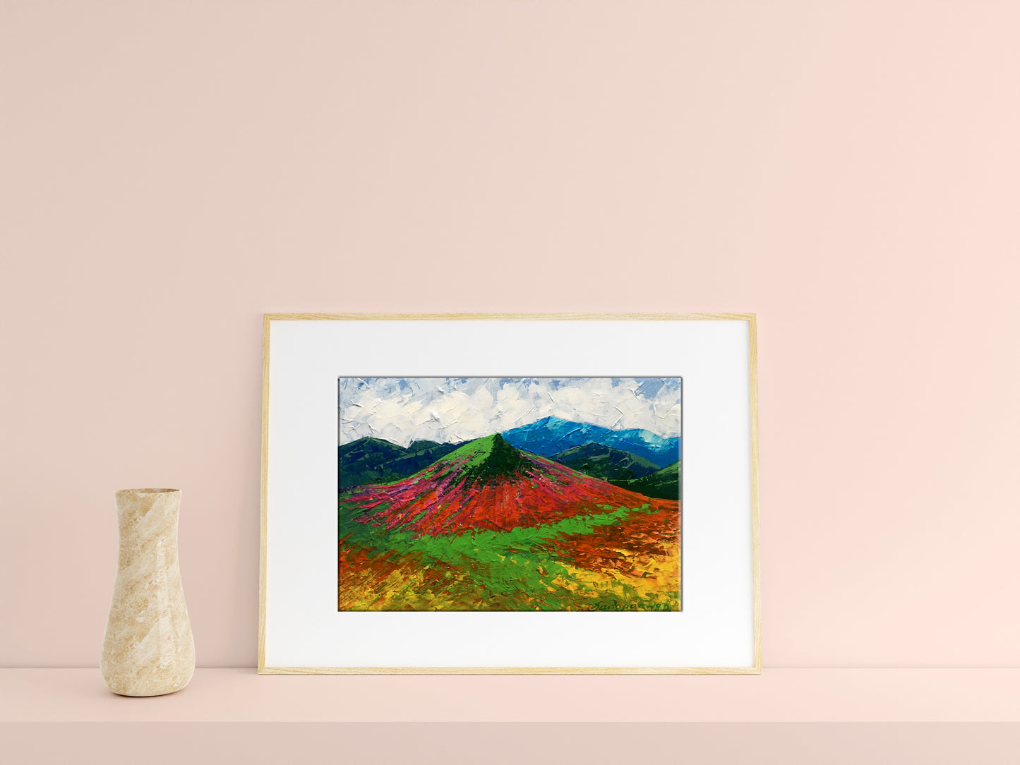 Oil painting Big mountain peak V. Zadorozhnya in gold frame with white matting