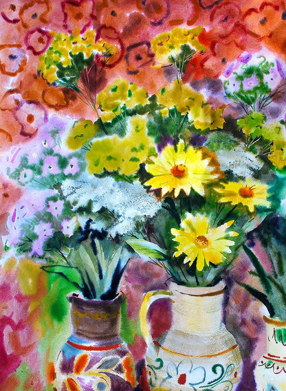 Watercolor painting of yellow daisies and foliage in ornate vases by Egor Shvachunov