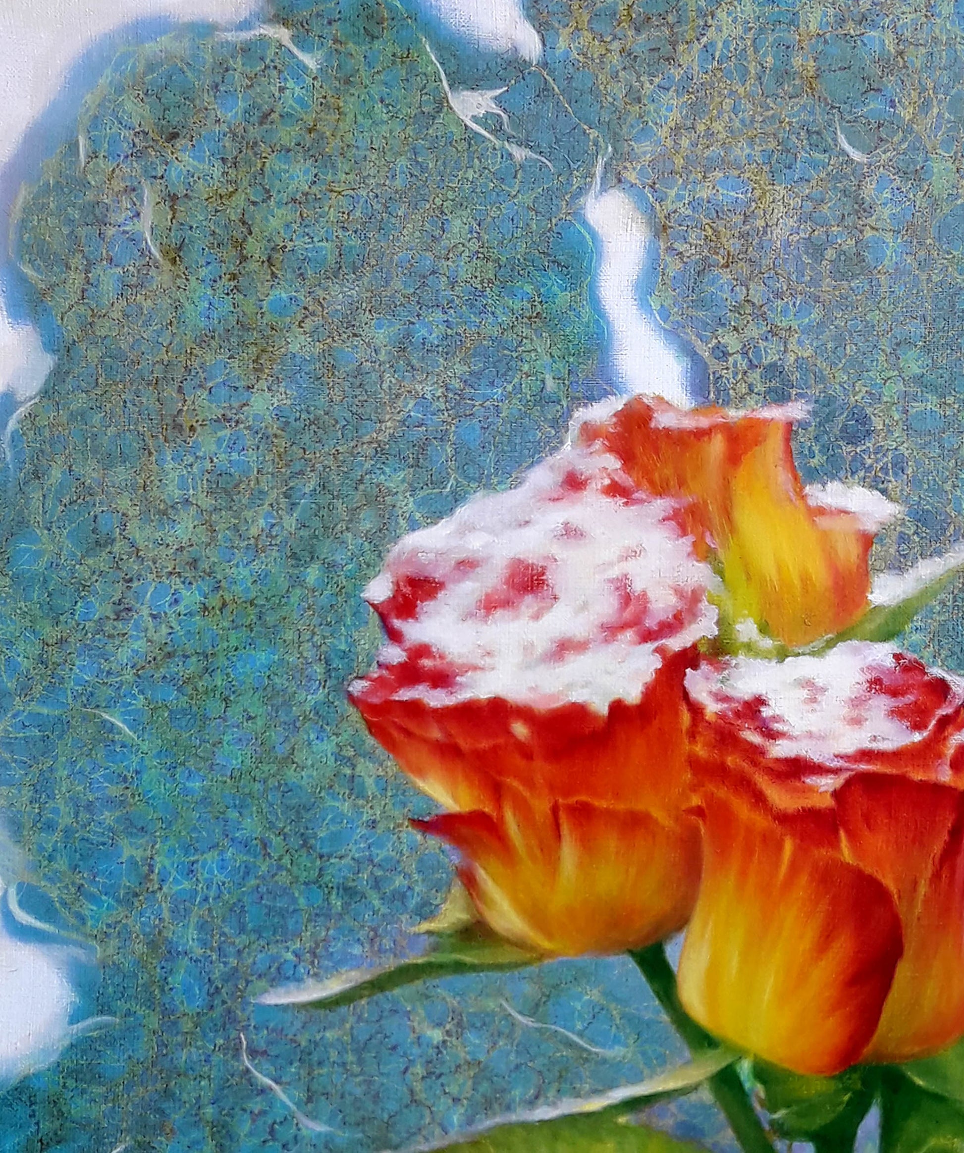Vibrant orange yellow roses oil painting by Vasily Korkishko on blue background