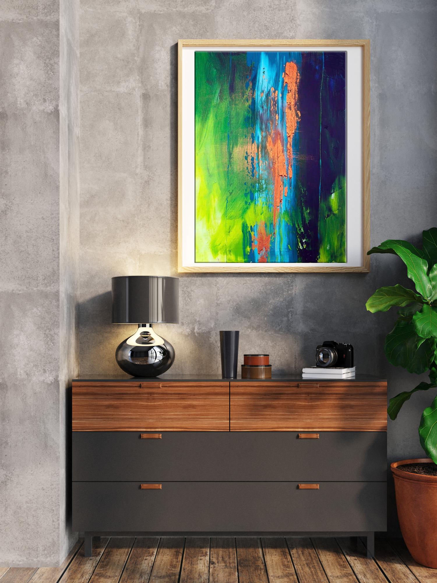 Vibrant abstract acrylic painting Charm Melezhik Olga in light wood frame