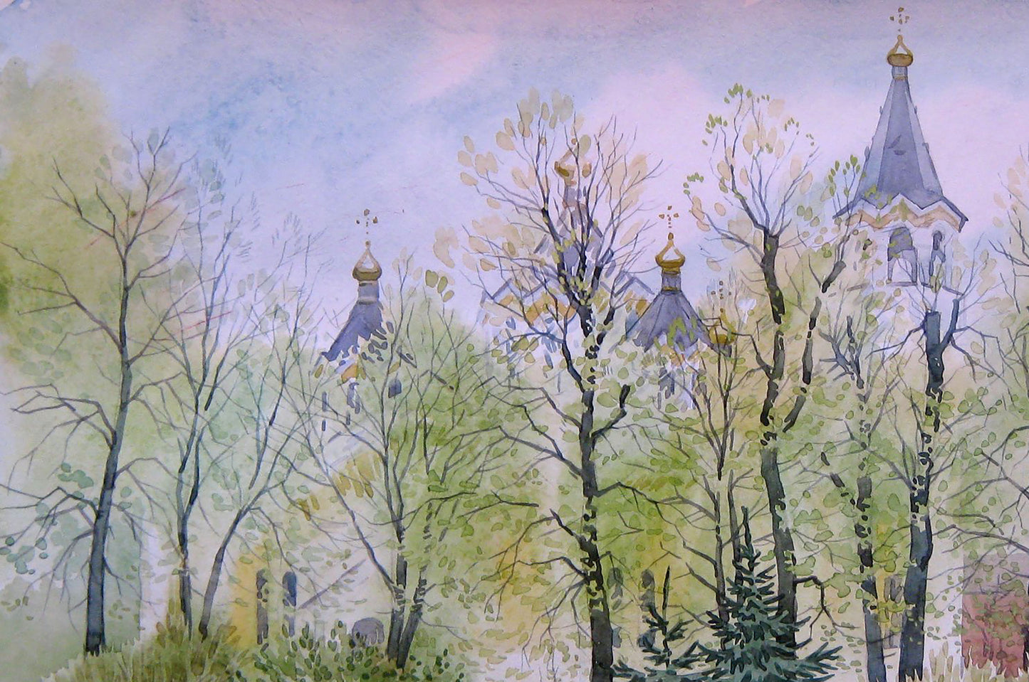 Watercolor painting City April Park Valery Savenets