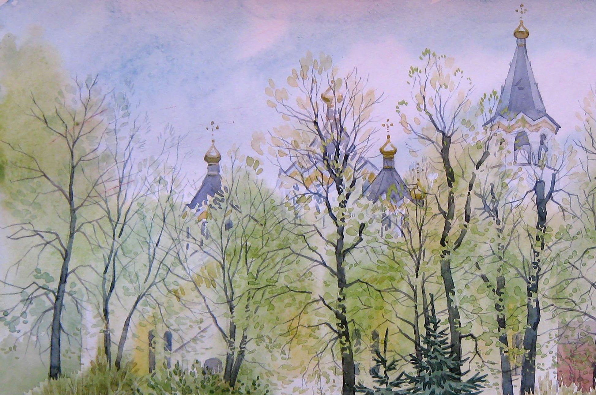 Watercolor painting City April Park Valery Savenets