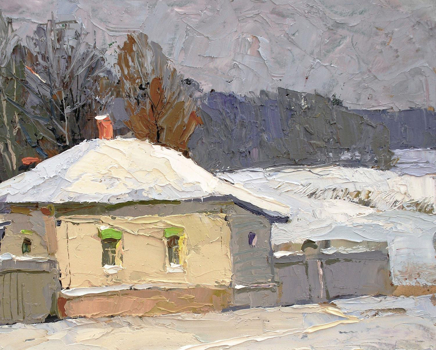 Oil painting Winter sketch by Egor Shvachunov: rustic beige house in snowy landscape