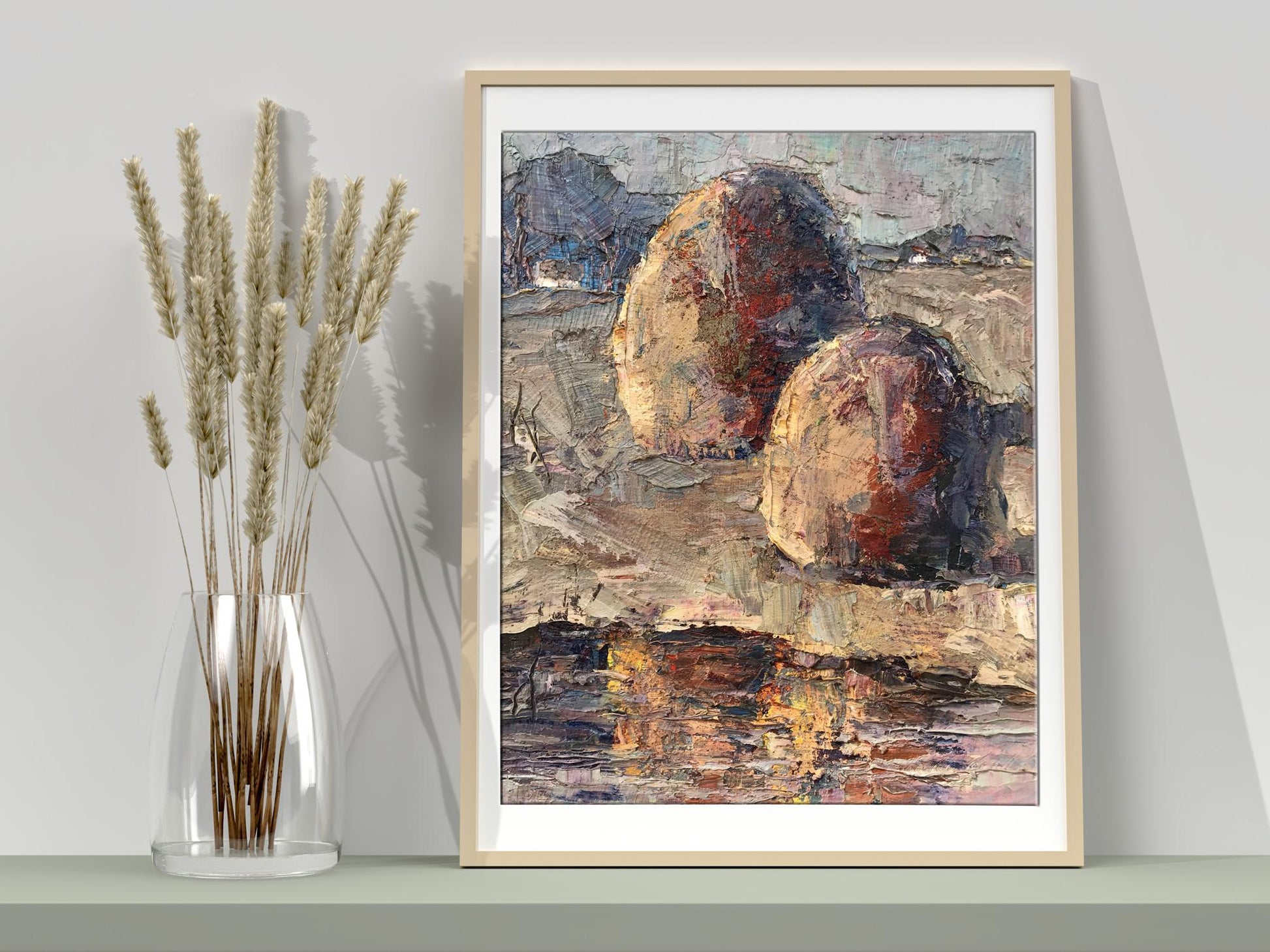 Framed Oil Painting August Morning by Mazur Vladimir with textured brown spheres