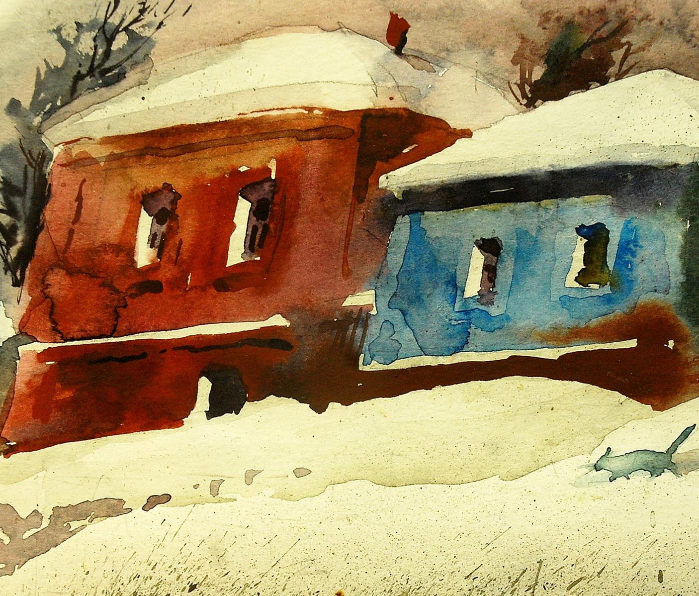 Watercolor painting of two snow-covered red and blue houses by Egor Shvachunov