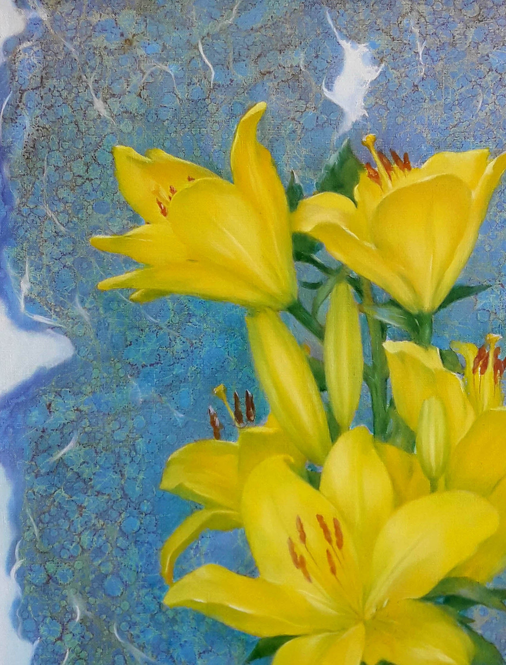 Oil painting Yellow lilies by Vasily Korkishko vibrant yellow lilies orange stamens blue background