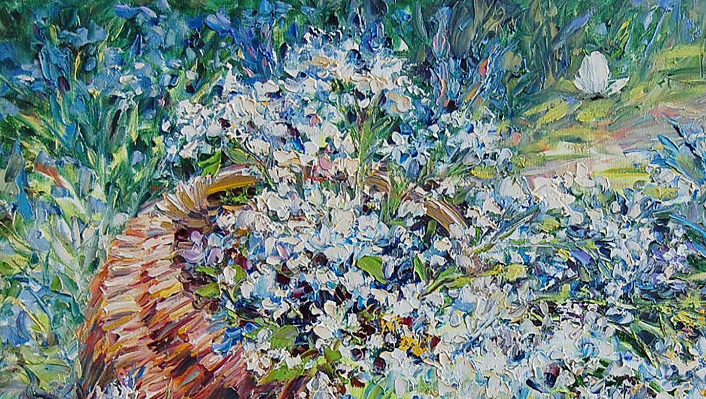 Oil painting by Artim Olga: woven wicker basket with white and blue flowers