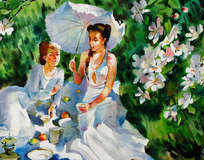 Watercolor painting of woman holding delicate white parasol in garden by Egor Shvachunov