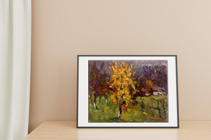 Oil painting Autumn twilight and yellow tree by Oksana Ivanyuk in black frame