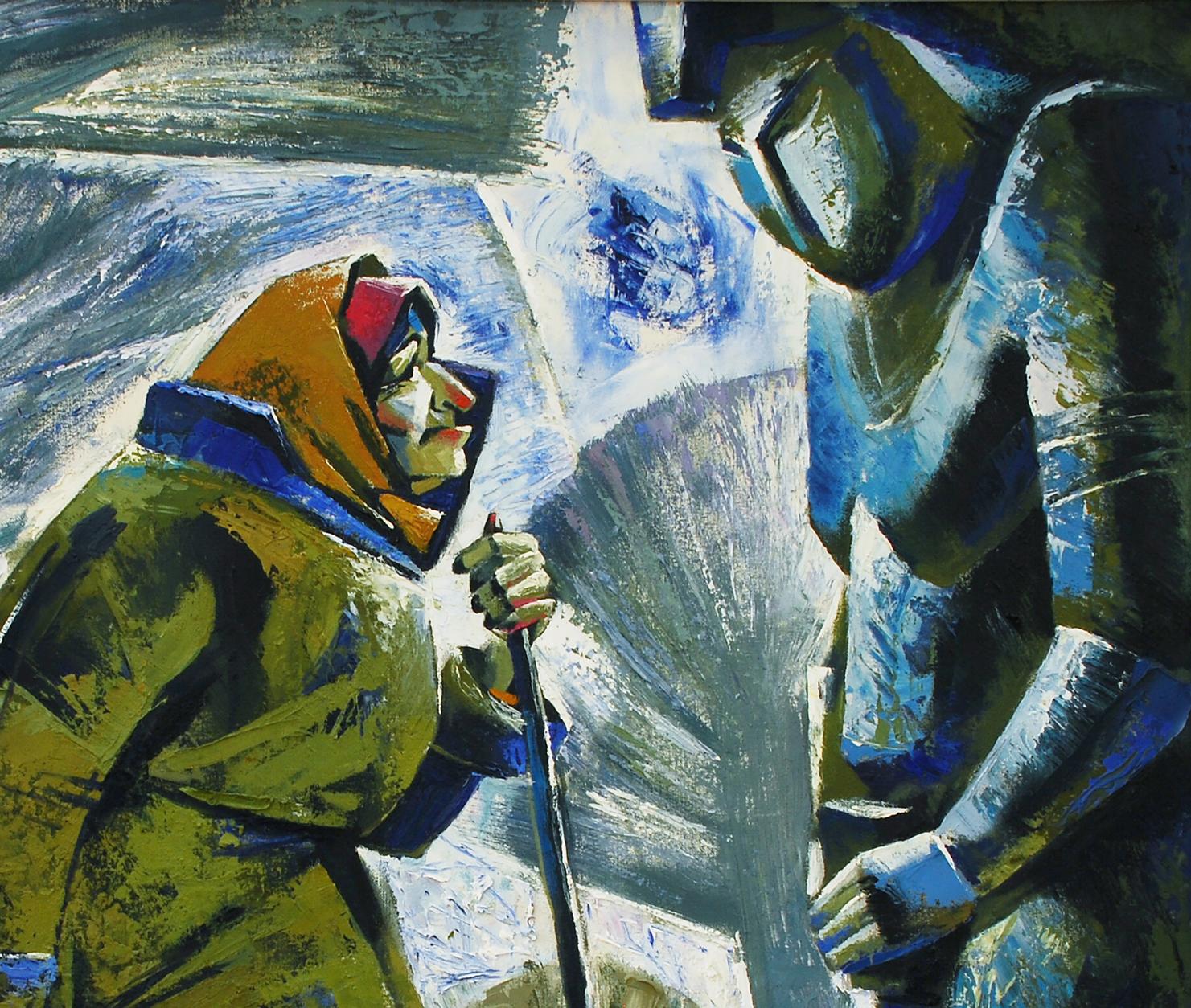 Abstract oil painting White Day by Egor Shvachunov with green blue orange figures
