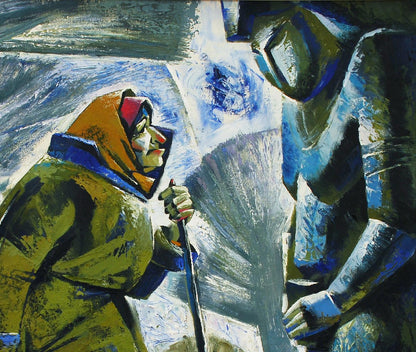 Abstract oil painting White Day by Egor Shvachunov with green blue orange figures