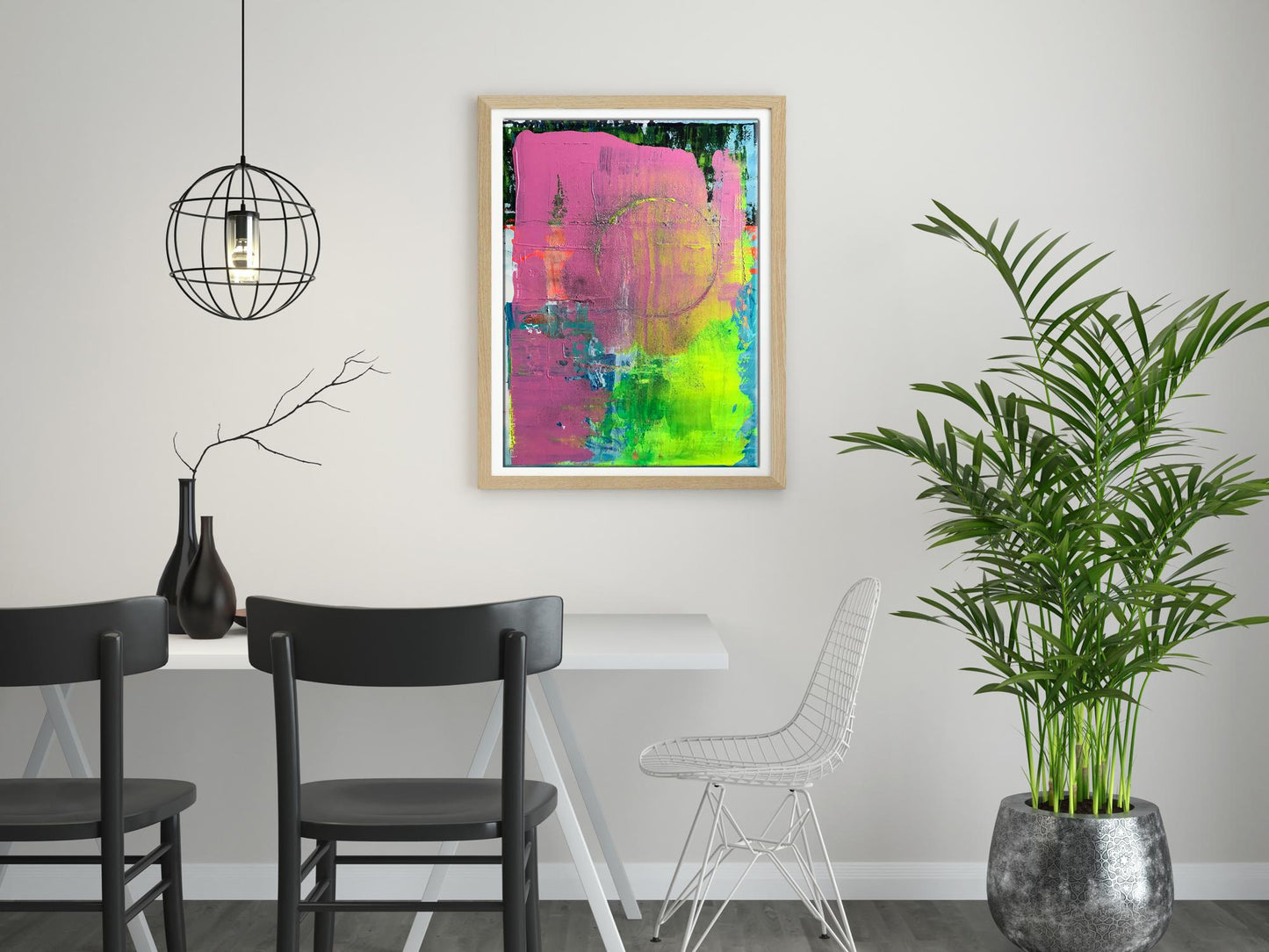 Vibrant New Moon acrylic painting by Melezhik Olga in light wood frame