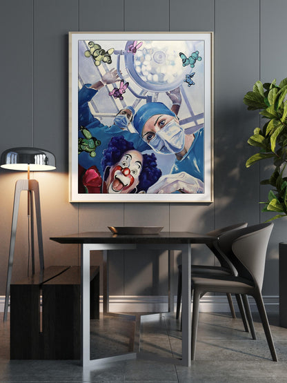 Oil painting by Igor Konovalov: surgeon with lamp over clown amid butterflies