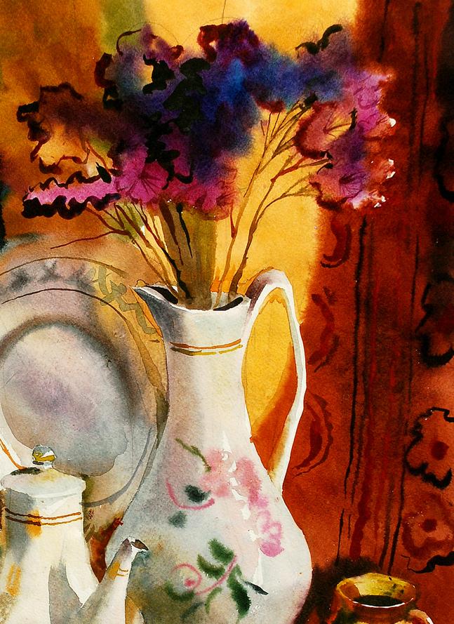 White ceramic pitcher with pink green florals and gold rim by Egor Shvachunov