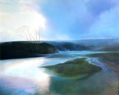 Serene blue Oil painting Freshet by Korkishko Vasily with river and hills